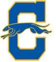 Carmel high school logo. A blue and yellow C with a greyhound in front.