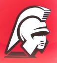 Center Grove high school logo. A black and white trojan head on a red background.