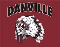 Danville high school logo. An indian head on a red background with the word "Danville" on top.