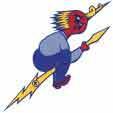 Elkhart Central high school logo. A red man with blue clothes riding a lightning bolt.
