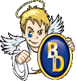 FW Dwenger logo. An angel holding a blue and gold circle with the letters BD on it.