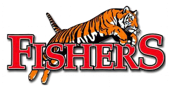 Fishers high school logo. The word Fishers in red with a tiger jumping over it.