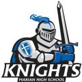 Mishawaka Marian high school logo. A blue and silver knight holding a sword with the words 
