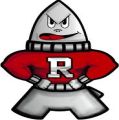 Rensselear high school logo. a white bomb wearing a red sweater with an R on it.