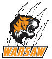 Warsaw high school logo. A tiger head in front of claw marks with the word 