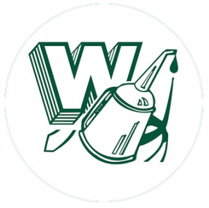 Whiting high school logo. A green W with a green oil can in front.