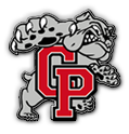 Crown Point high school logo. A gray bulldog with red letters C and P in front.