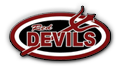 Lowell high school logo. A red and black oval with a pitchfork and the words 