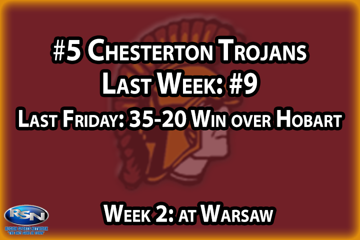 One of the biggest surprises of Week #1, the Chesterton Trojans answered a lot of questions regarding graduation losses in their 35-20 win over Hobart. The Trojan defense stepped up in big moments with a TD of their own as well as a couple fourth down steps in the red zone, while the offense minimized mistakes and kept the sticks moving to control possession. We’ll find out how legit this Chesterton team is on Friday when they head to 1-0 Warsaw.